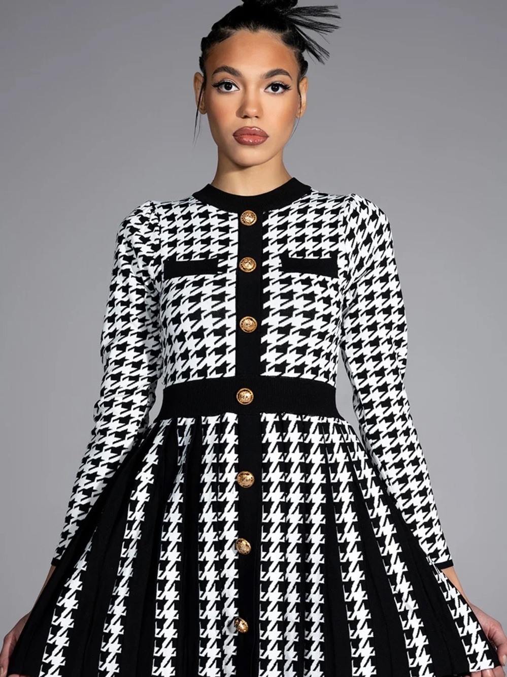 AKIRA Black & White Houndstooth Long Sleeve Fit-and-Flare Dress